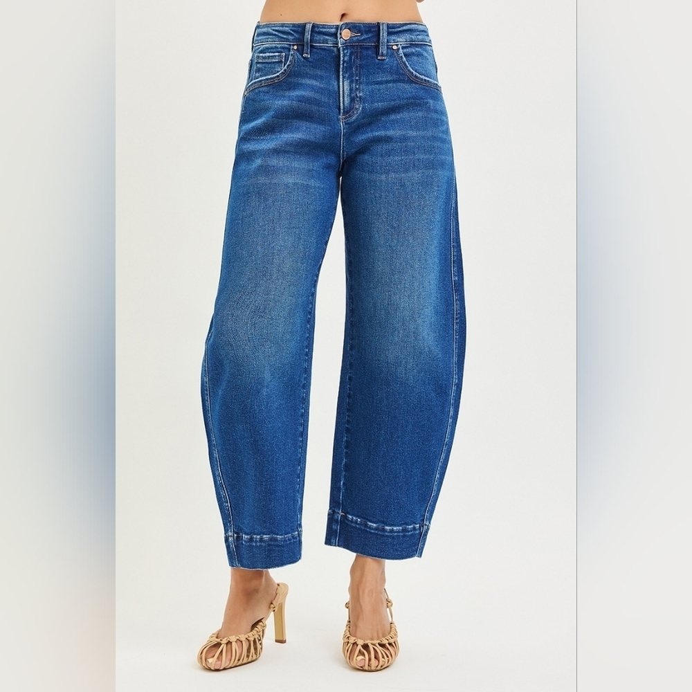 RISEN Mid Rise Dark Wash Barrel Jeans Ankle Cropped Trouser Classic Various NEW - Picture 6 of 6